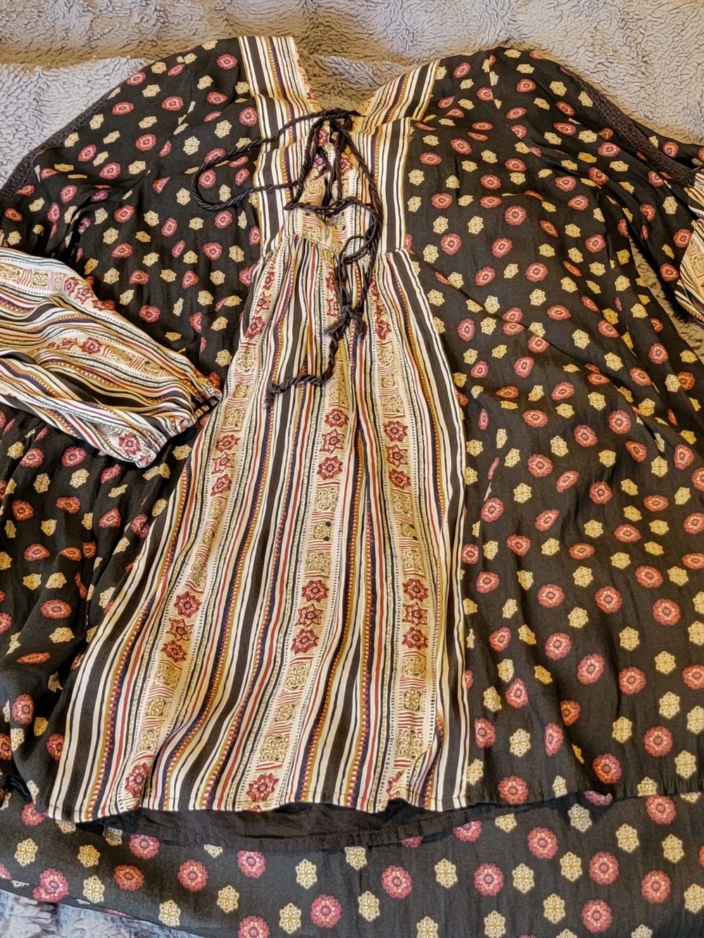 Free People Black Tunic with Red and Cream Folk Print